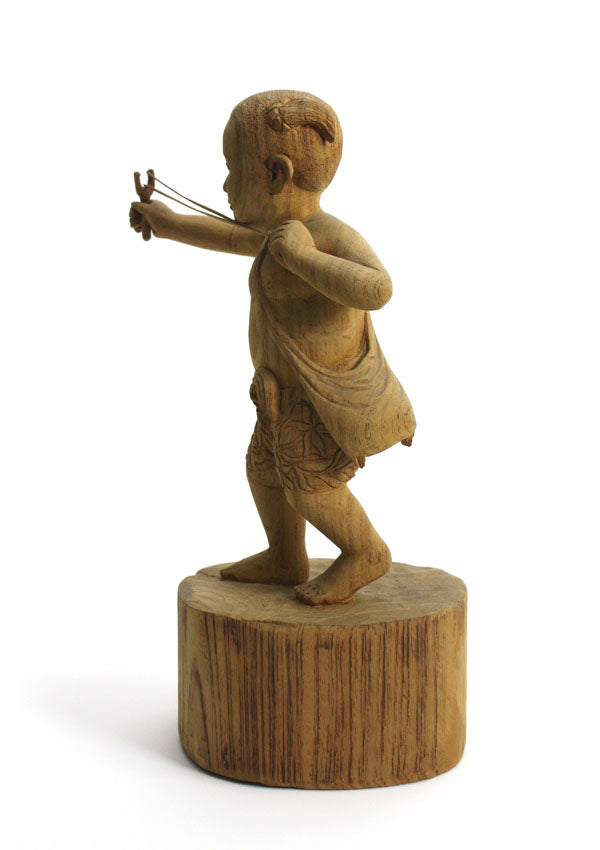 Teak carving - small boy with catapault, Thailand - farangshop-co