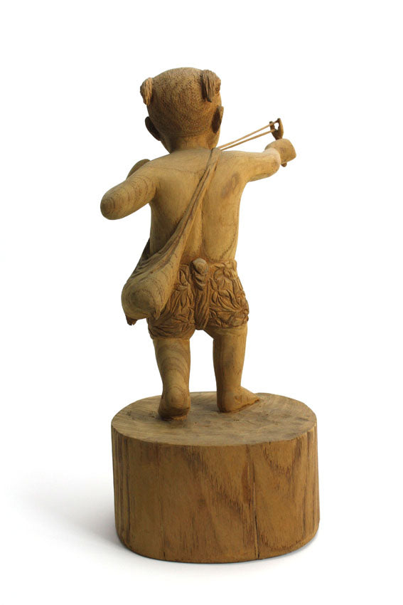 Teak carving - small boy with catapault, Thailand - farangshop-co