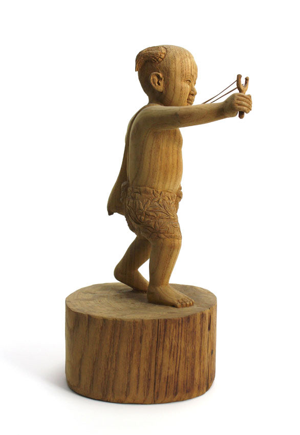 Teak carving - small boy with catapault, Thailand - farangshop-co