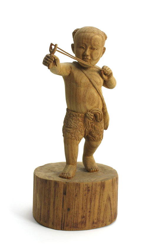 Teak carving - small boy with catapault, Thailand - farangshop-co